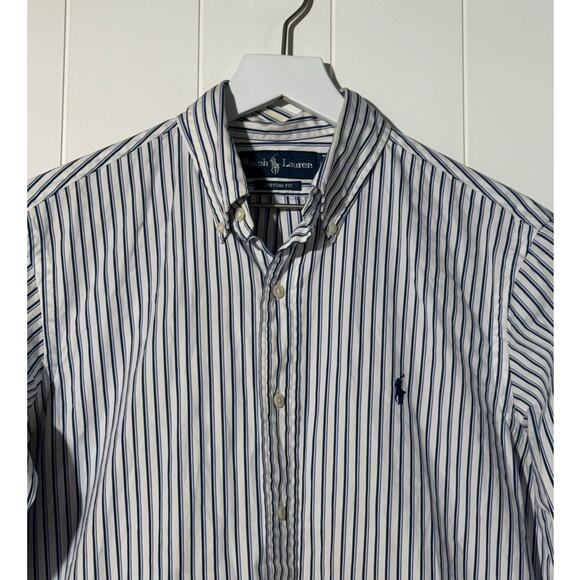 Ralph Lauren Mens Custom Fit Button Down Blue White Striped Shirt Size Medium - Picture 5 of 9